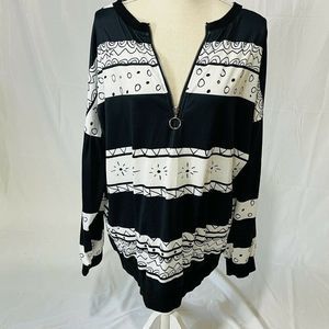 Sexy Plus Sheilay Vintage Zip Neck Abstract Geometric Print Black Top 2X XXL